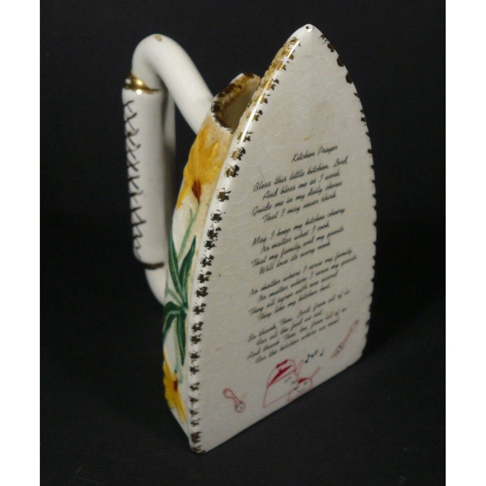 Vintage Ceramic Iron with Kitchen Prayer Hand Painted Gold Gilt Signed